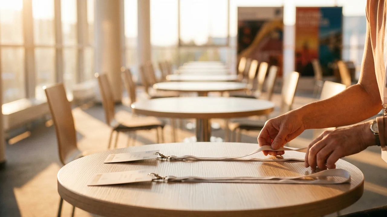 Close-up of an organiser's hands laying out two badge lanyards on opposite sides of a round two-seat meeting table in an empty hosted buyer lounge at golden hour