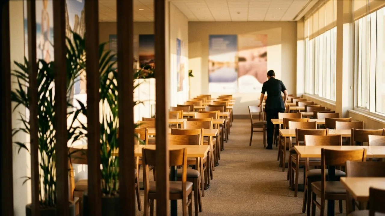 Hosted buyer meeting lounge at the end of the event day, rows of two-seat tables in warm evening light, a staff member straightening a chair