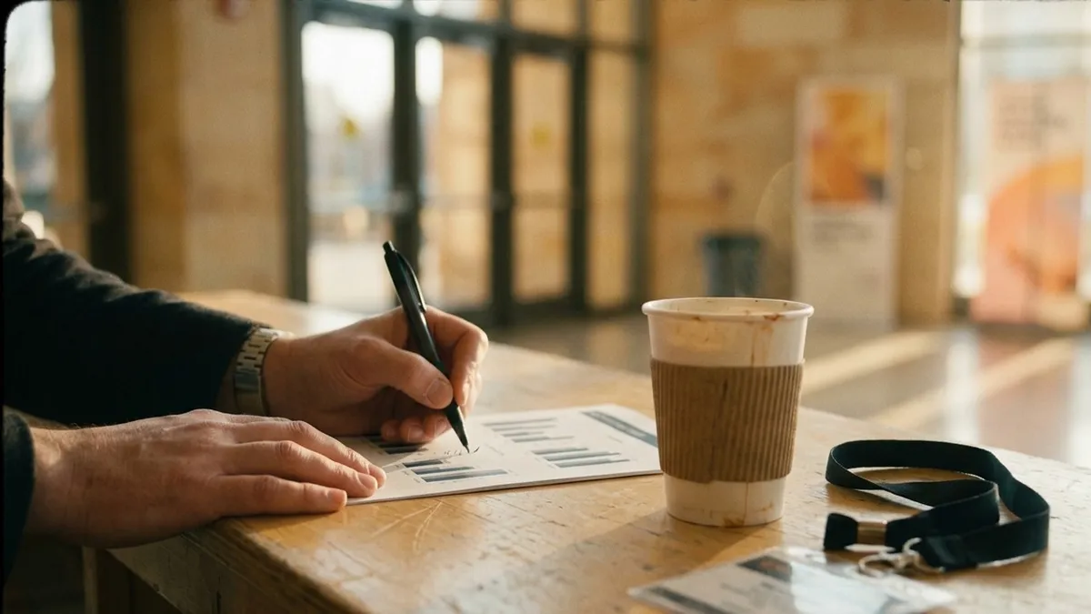 Hands annotating a printed bar chart at a trade show foyer counter in early morning light, coffee cup and lanyard beside it