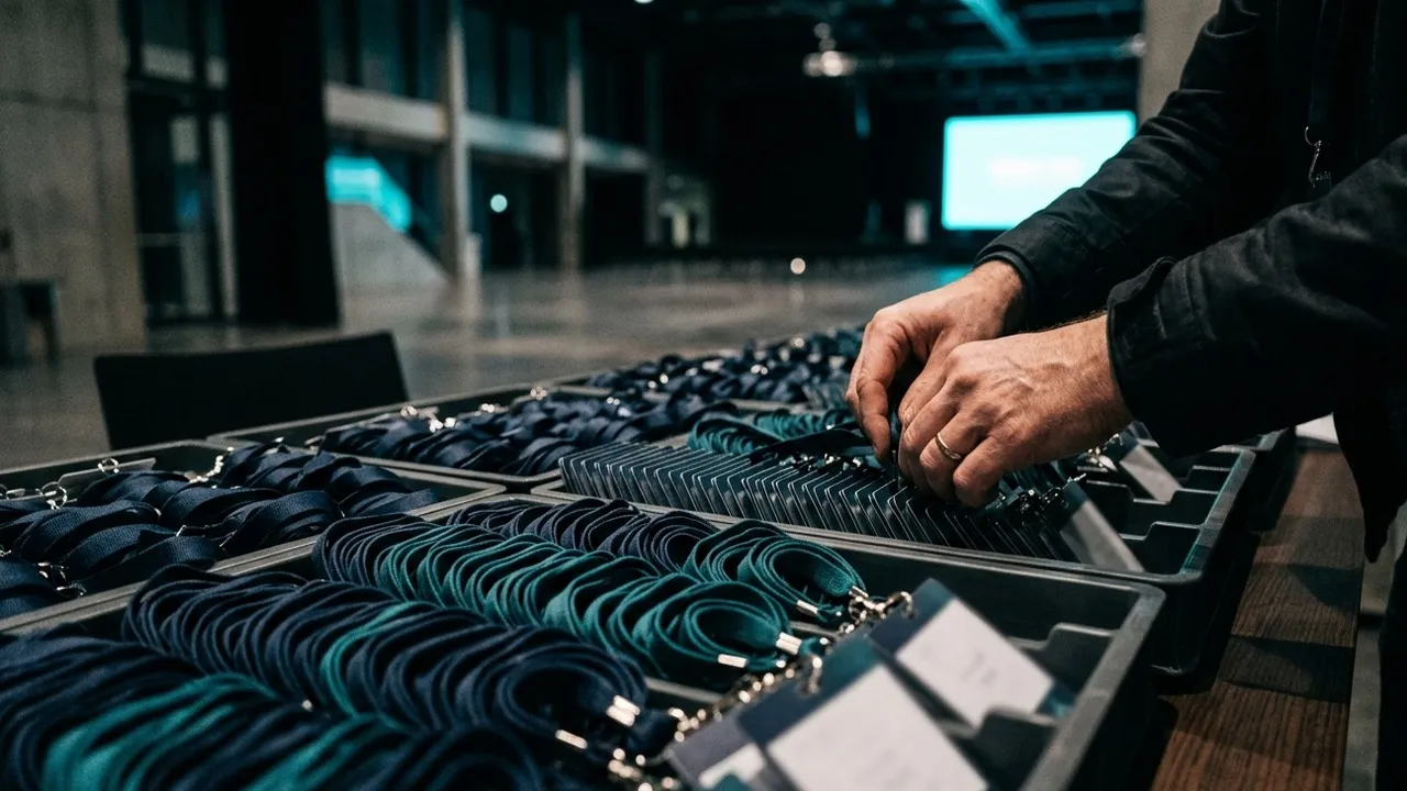 Close-up of an organiser's hands sorting trays full of navy and teal attendee lanyards on a table, in a dark empty conference hall lit by the cyan glow of a distant stage screen.