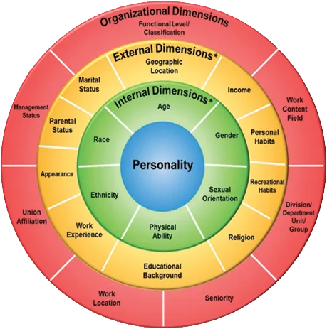 Diversity dimensions diagram, from personality at the core through age, gender and social origin to the outer organizational layer