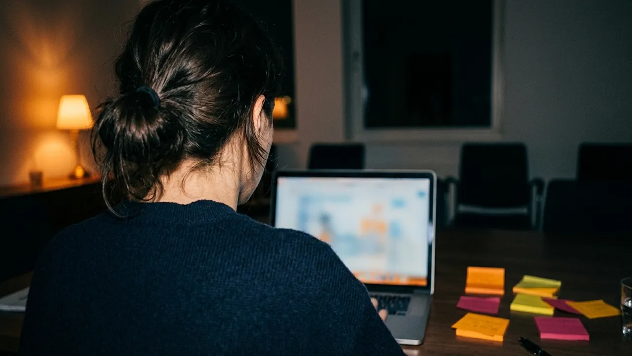 Over-the-shoulder view of a woman with her hair in a bun working late at a laptop with a blurred screen in a dark meeting room, orange, yellow and pink sticky notes spread on the table beside her and a warm table lamp glowing in the background