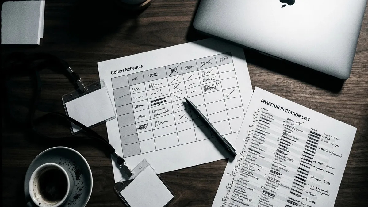 Top-down view of a desk with a printed cohort schedule matrix and an investor invitation list, alongside a pen, attendee badges, a laptop, and a coffee cup.