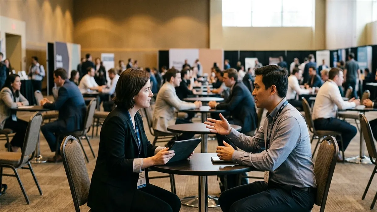 Two business professionals at a small bistro meeting table on a demo day networking floor, mid-conversation, one holding a tablet, in soft warm conference hall lighting.