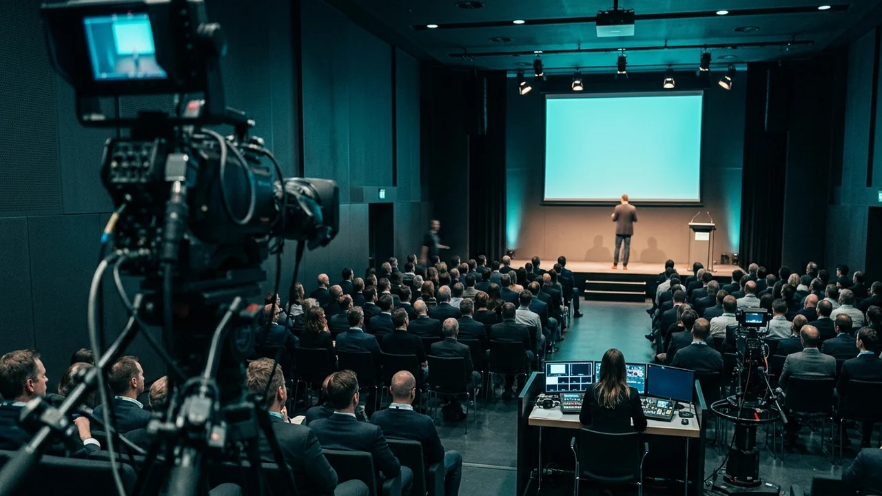 Corporate customer conference in a hotel ballroom, a speaker at a lectern, two cameras on tripods and a technician at a mixing desk at the back of the room, rows of seated business guests in front