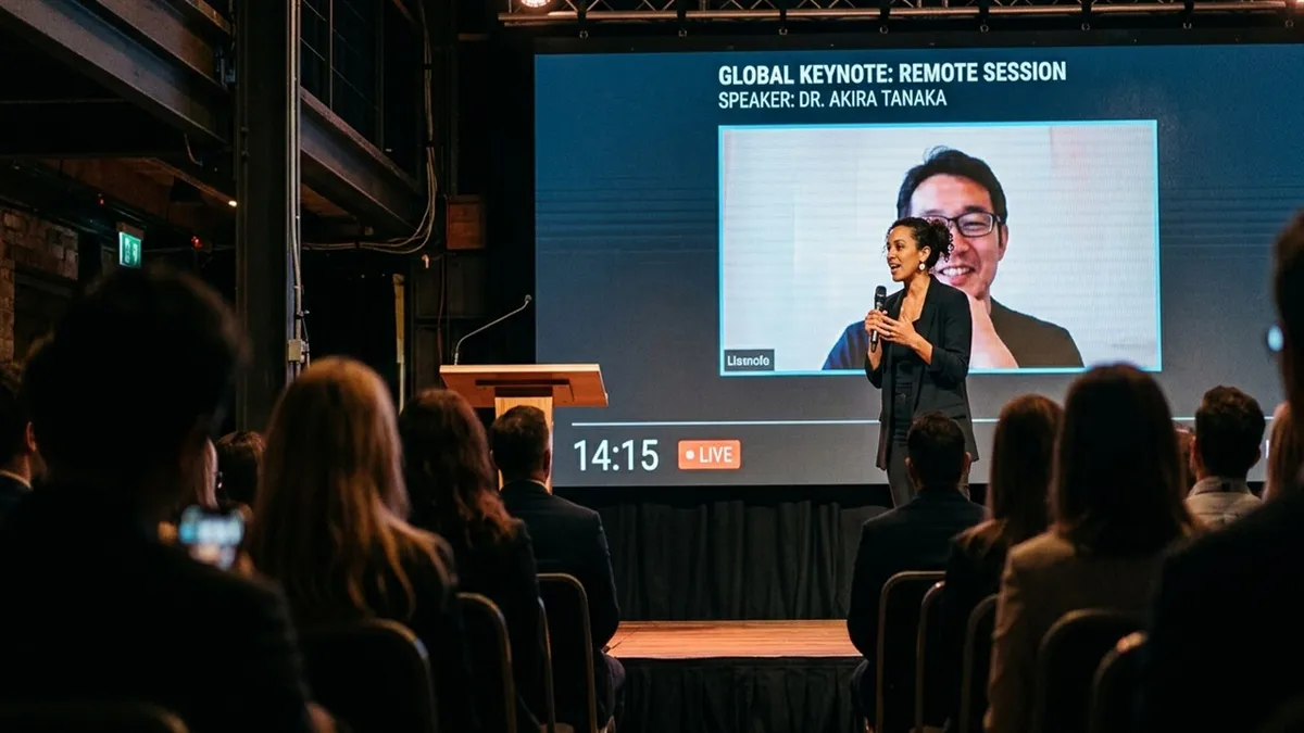 Speaker on stage at a mid-sized business conference with a remote participant displayed on the large screen behind the speaker; audience heads softly out of focus in the foreground.