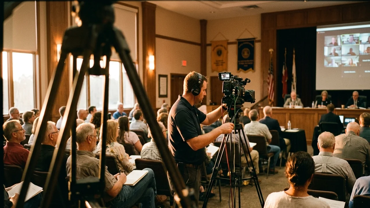 Annual general meeting of a professional association in a bright conference hall, members seated in rows facing a panel table, a camera operator filming from the side aisle