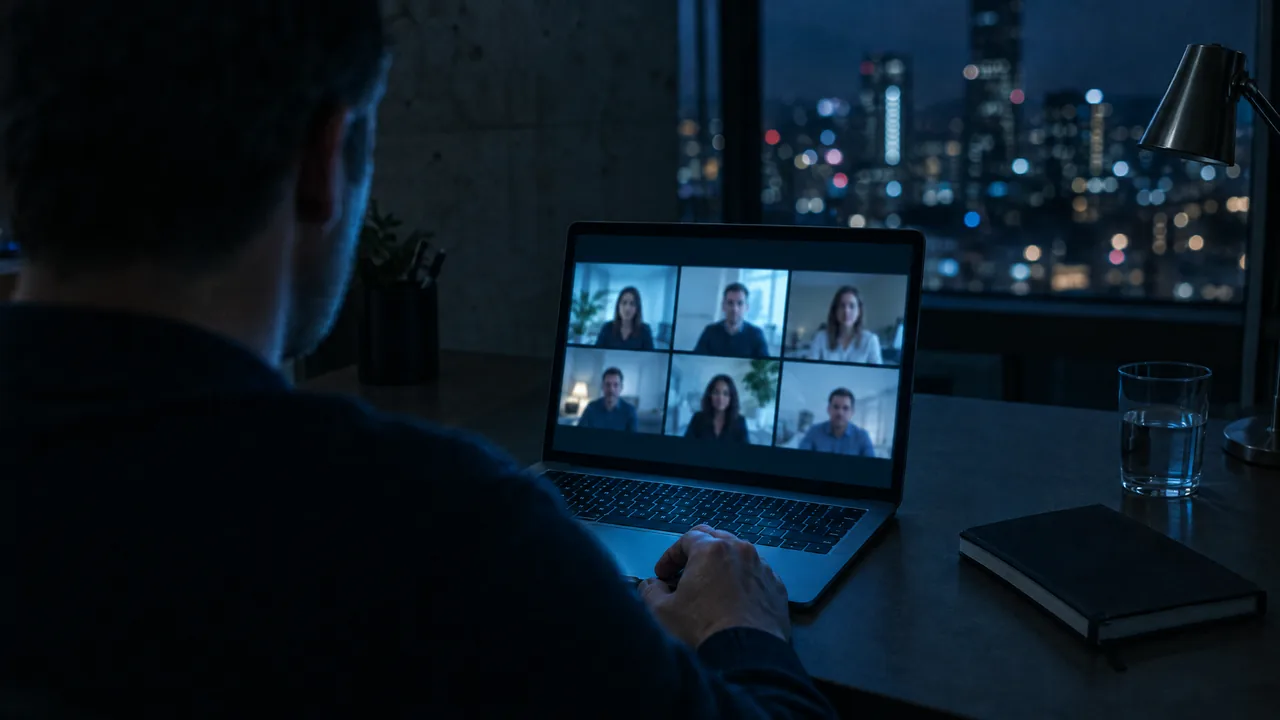 Over the shoulder of an investor in a dark office at night, looking at a laptop with a grid of six blurred video call tiles, city lights in the window behind