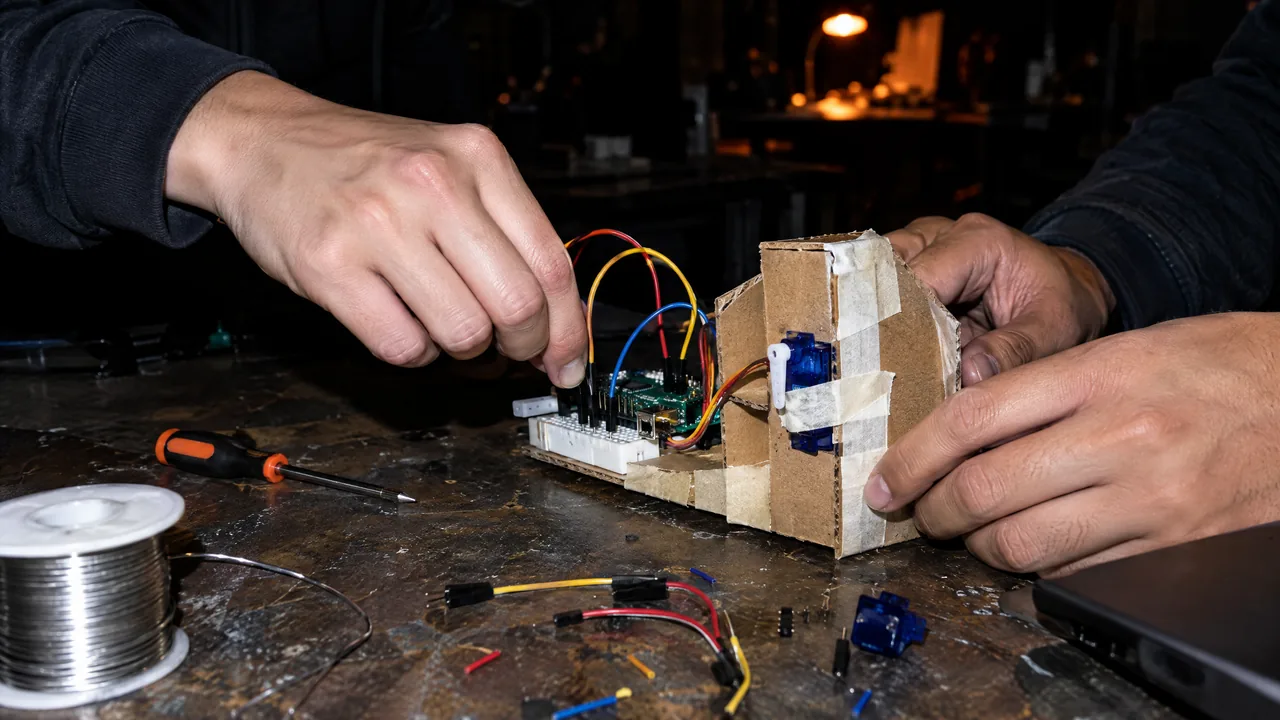Two pairs of hands building a cardboard prototype with a microcontroller and coloured jumper wires on a workbench at a night-time makeathon
