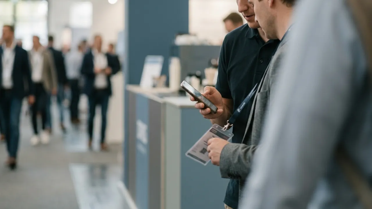 Exhibitor scanning a visitor's badge with a smartphone at a trade show booth, seen past an out-of-focus shoulder in a busy aisle