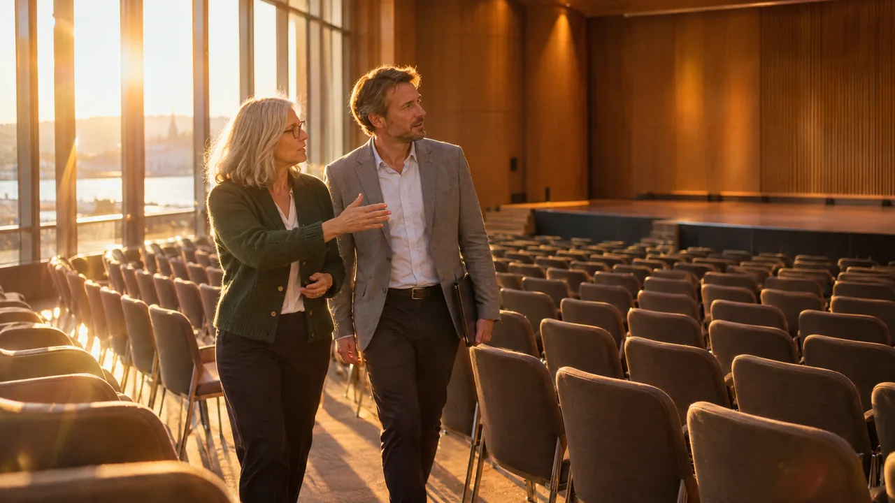 A professor and a congress organiser walk down the aisle of an empty congress hall in golden evening light, she points towards the stage while he listens