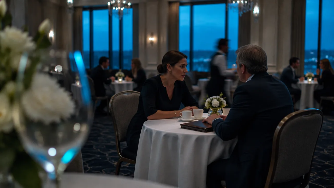 A hotel sales director and a travel advisor in a quiet appointment at a small round table in a chandelier-lit ballroom at blue hour, seen past a blurred wine glass and white flowers