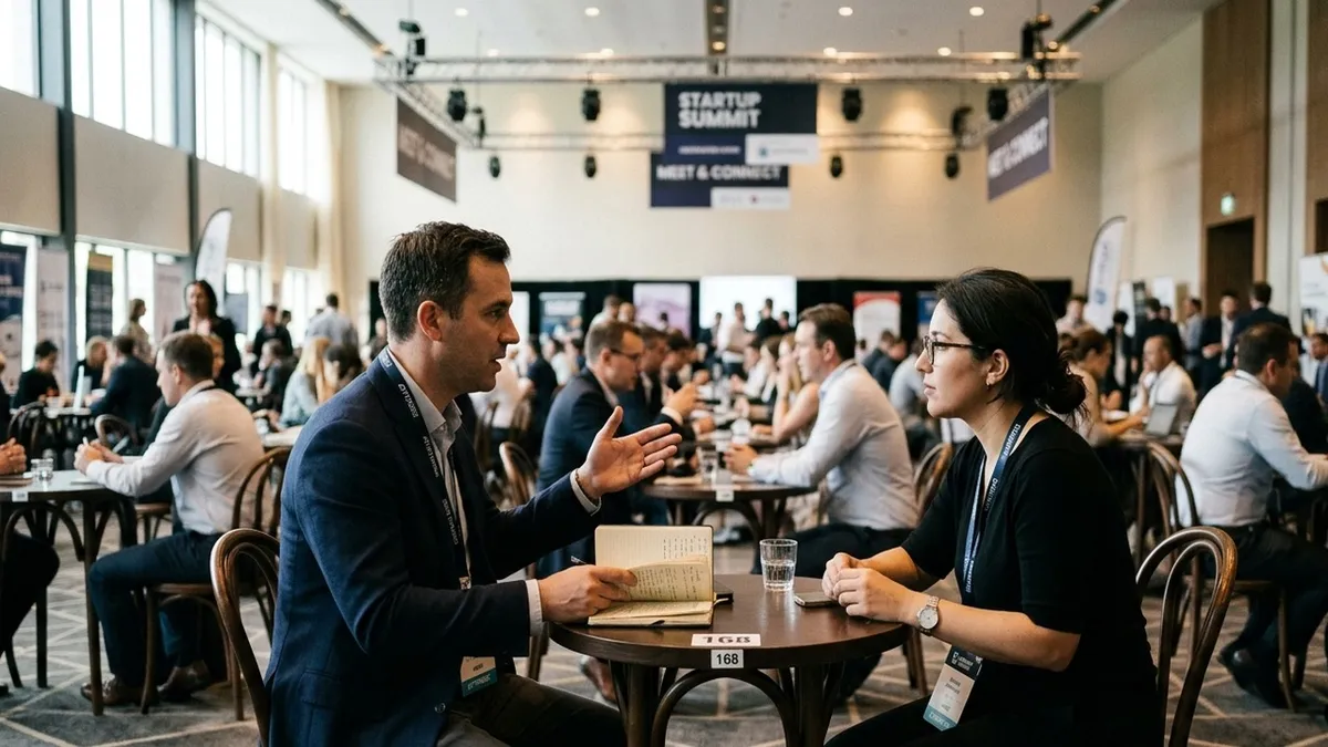 Two business professionals in a one-to-one matchmaking meeting at a conference