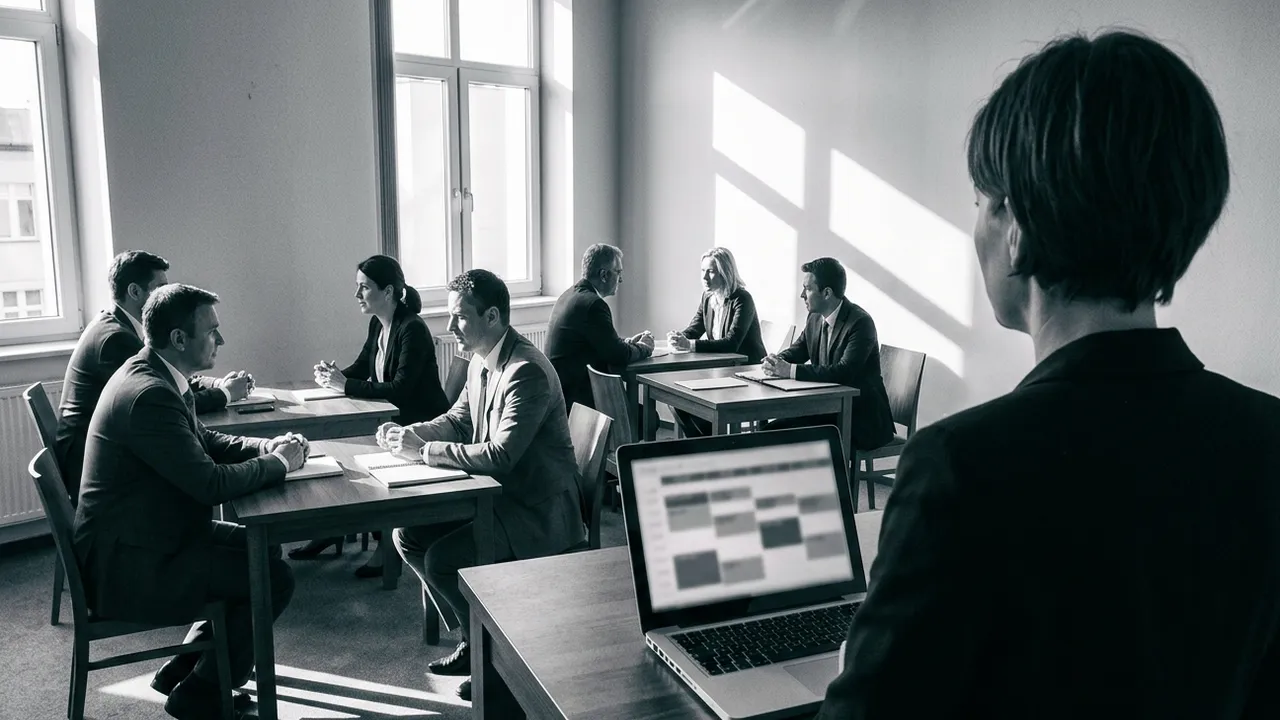 Black and white photo taken over the shoulder of an organiser standing at a table with an open laptop showing a blurred schedule grid, while business people hold one-to-one meetings at small wooden tables in a sunlit meeting room with hard window shadows