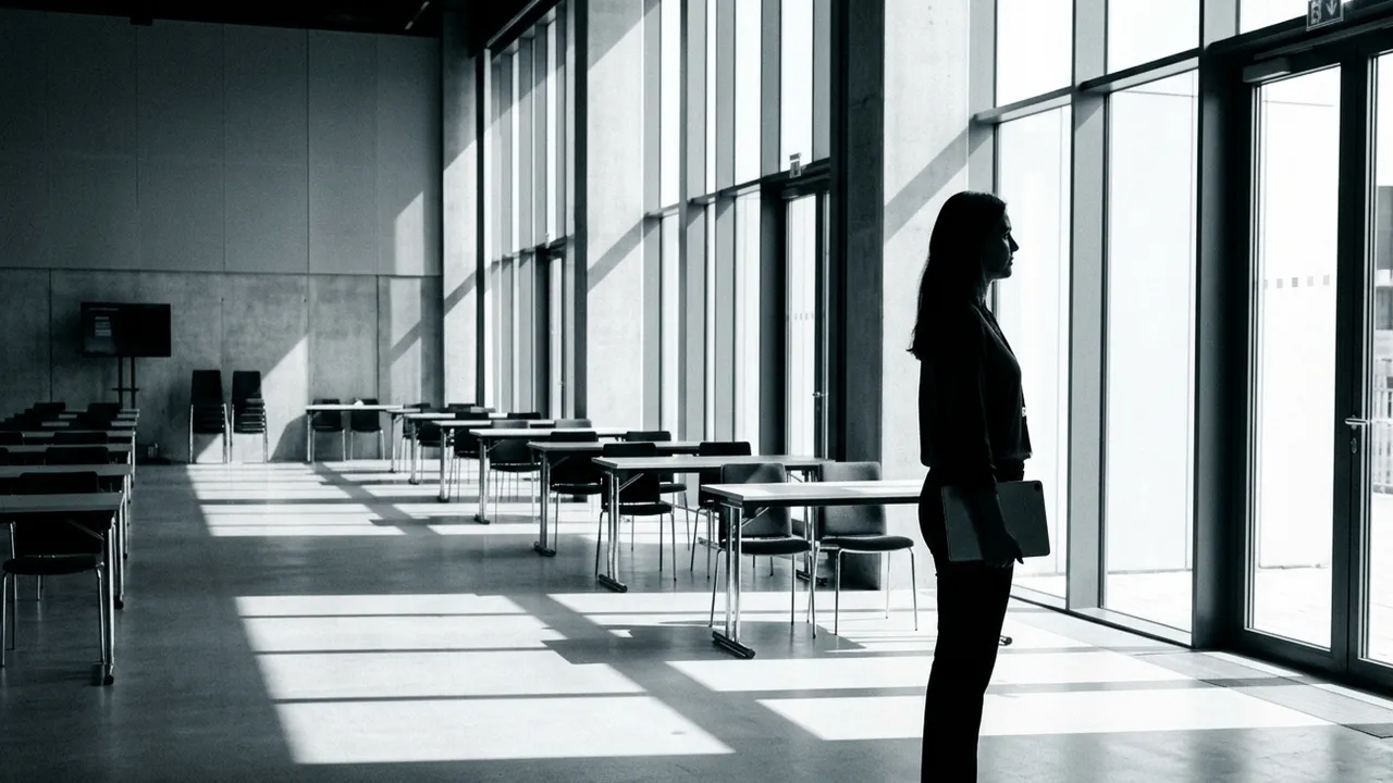 Side silhouette of an event organiser holding a tablet in an emptied conference meeting area, rows of cleared two-person tables in hard daylight