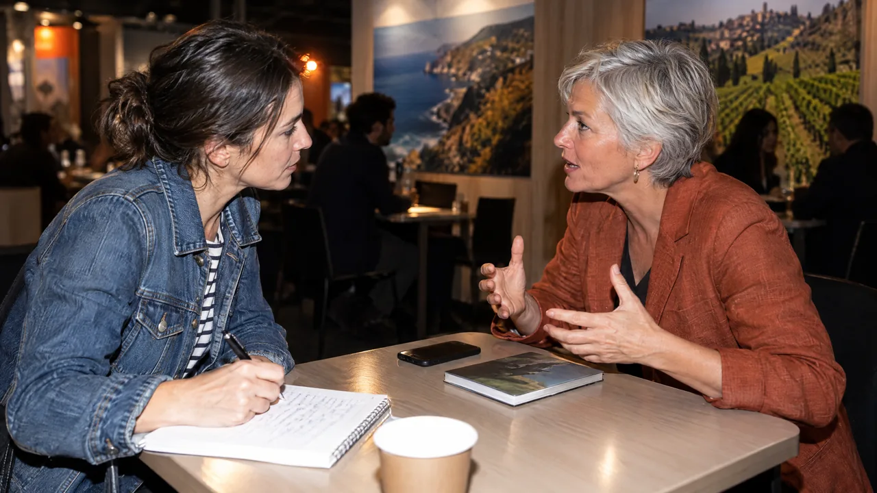 A travel journalist in a denim jacket takes notes while a destination representative in a rust-coloured blazer describes a place at a small appointment table on a tourism trade show floor