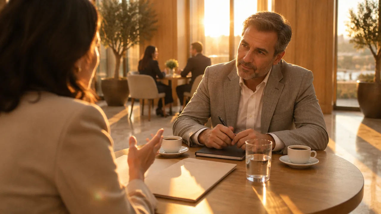 Over the shoulder of a health destination representative talking with an international travel facilitator at a small table in a hotel lobby in warm golden evening light