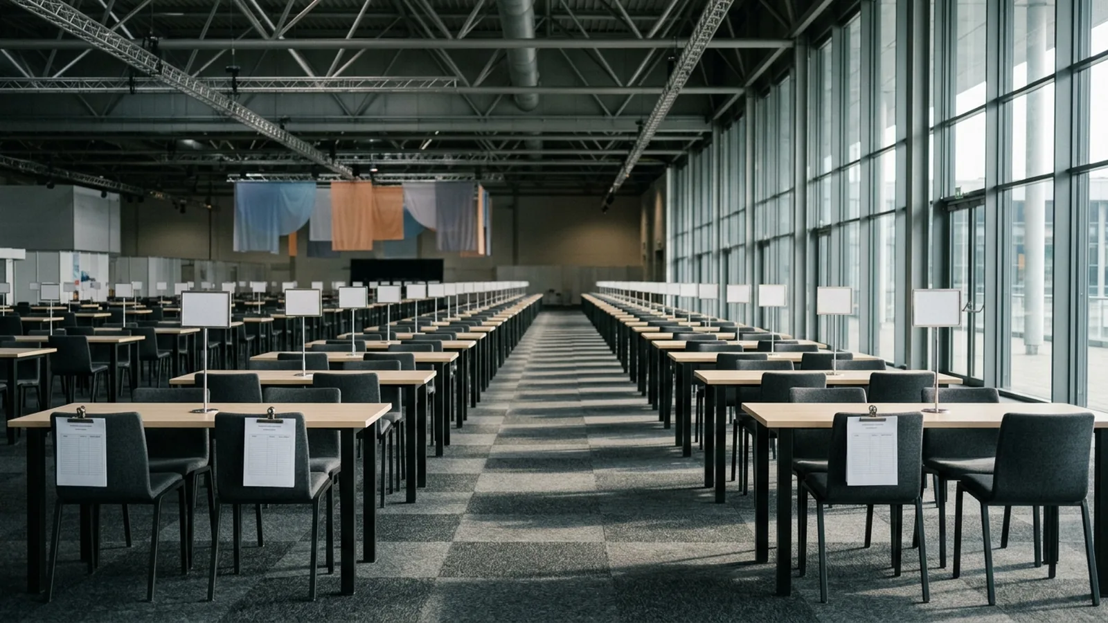 Reihen nummerierter Zweiertische in einer Messehalle vor Türöffnung, an jedem Tisch ein ausgedruckter Terminplan, Morgenlicht durch das Hallendach