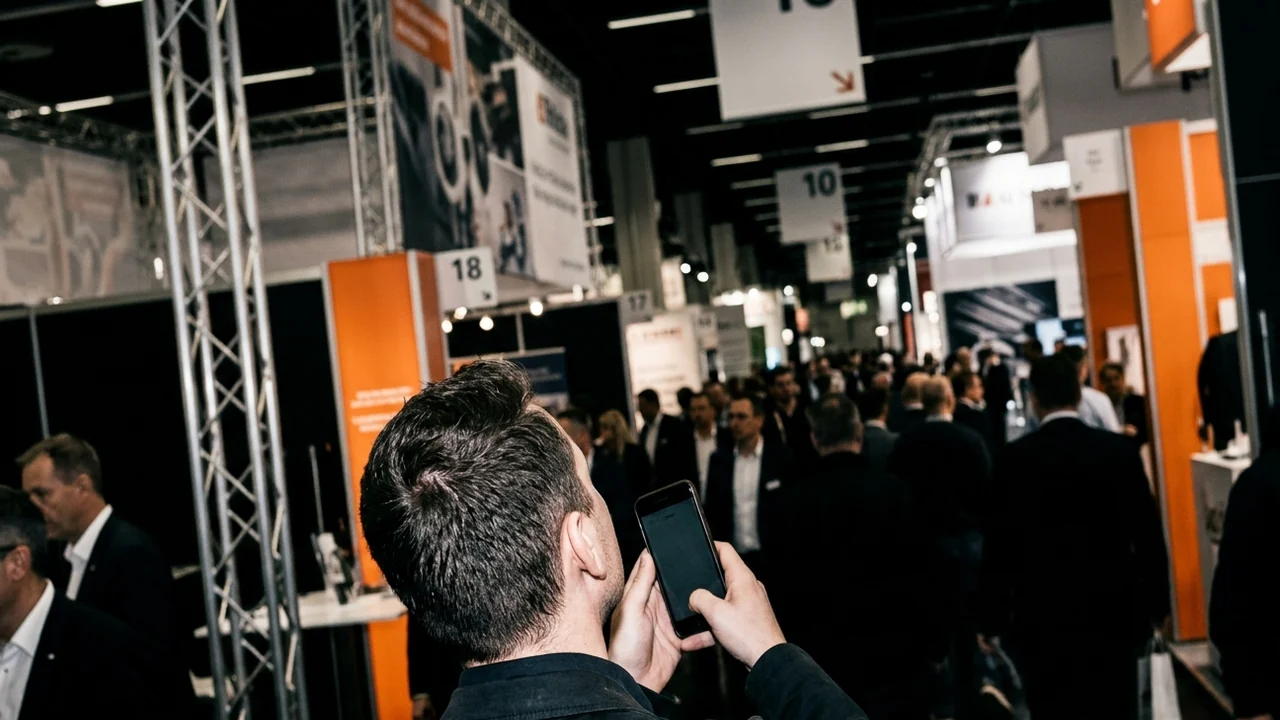 Messebesucherin mit Smartphone in der Hand im Gang zwischen zwei Ständen, im Hintergrund Gespräche an einem Stand und die offene Hallenkonstruktion