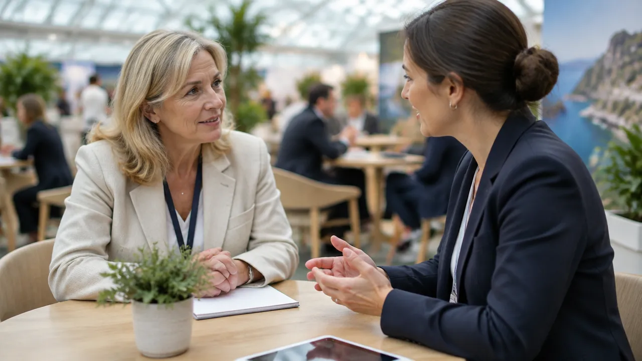 A buyer in her fifties and a hotel representative in a scheduled meeting at a small table on a tourism trade show floor, a tablet cut off at the edge of the frame, light wood and soft daylight.