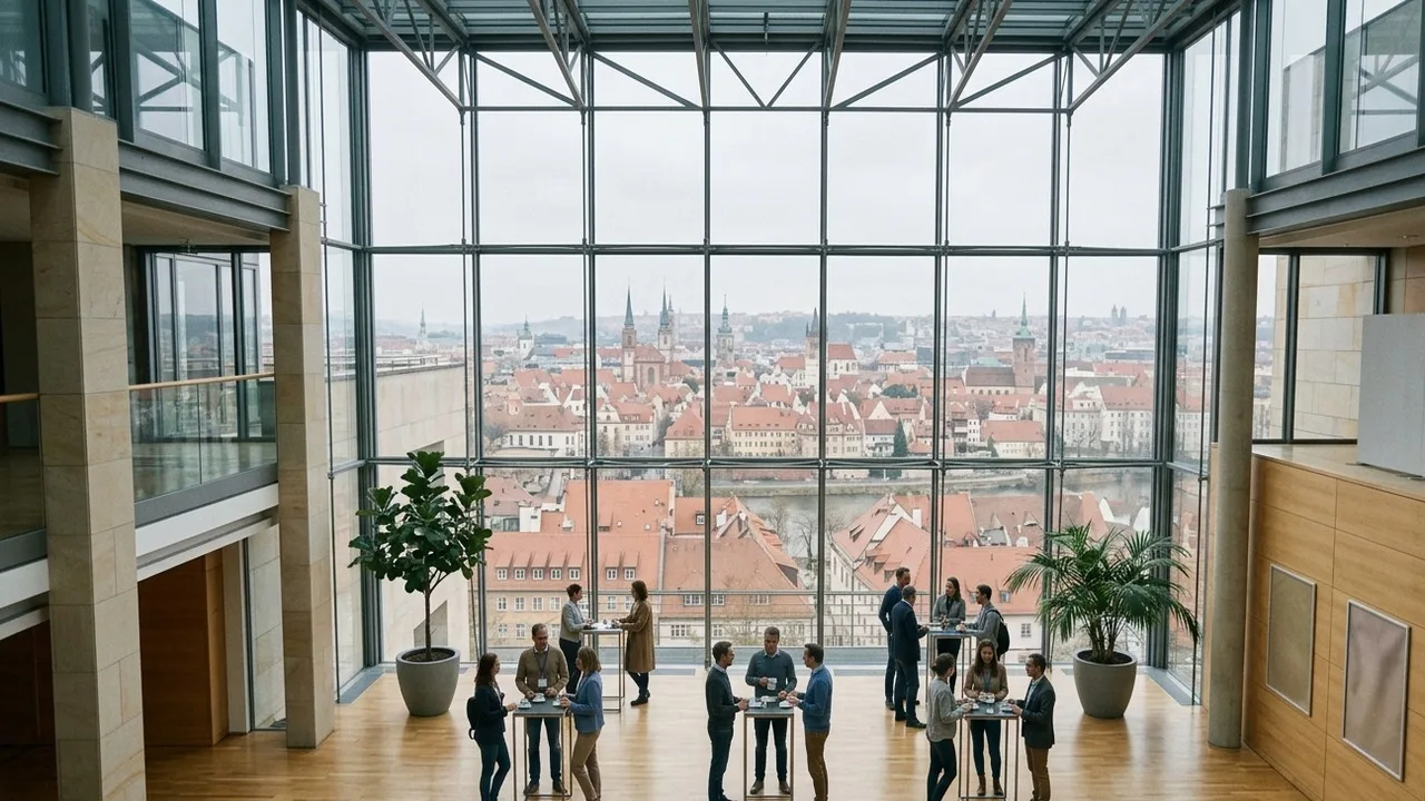 Lichtdurchflutetes Glasfoyer eines Kongresszentrums in der Kaffeepause: Teilnehmende an Stehtischen auf hellem Holzboden, hinter der Glasfassade eine Altstadt mit roten Dächern, Kirchtürmen und einem Fluss