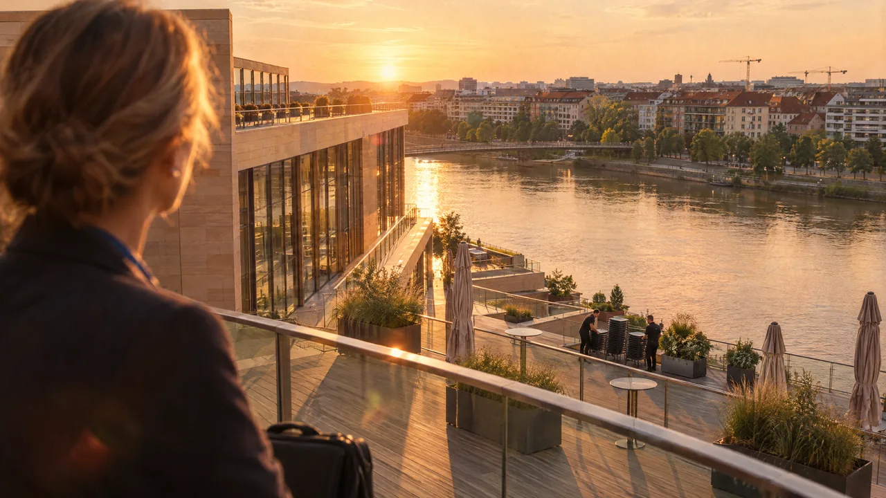 A congress planner seen from behind on a convention centre terrace, looking over a river and a German city in golden evening light