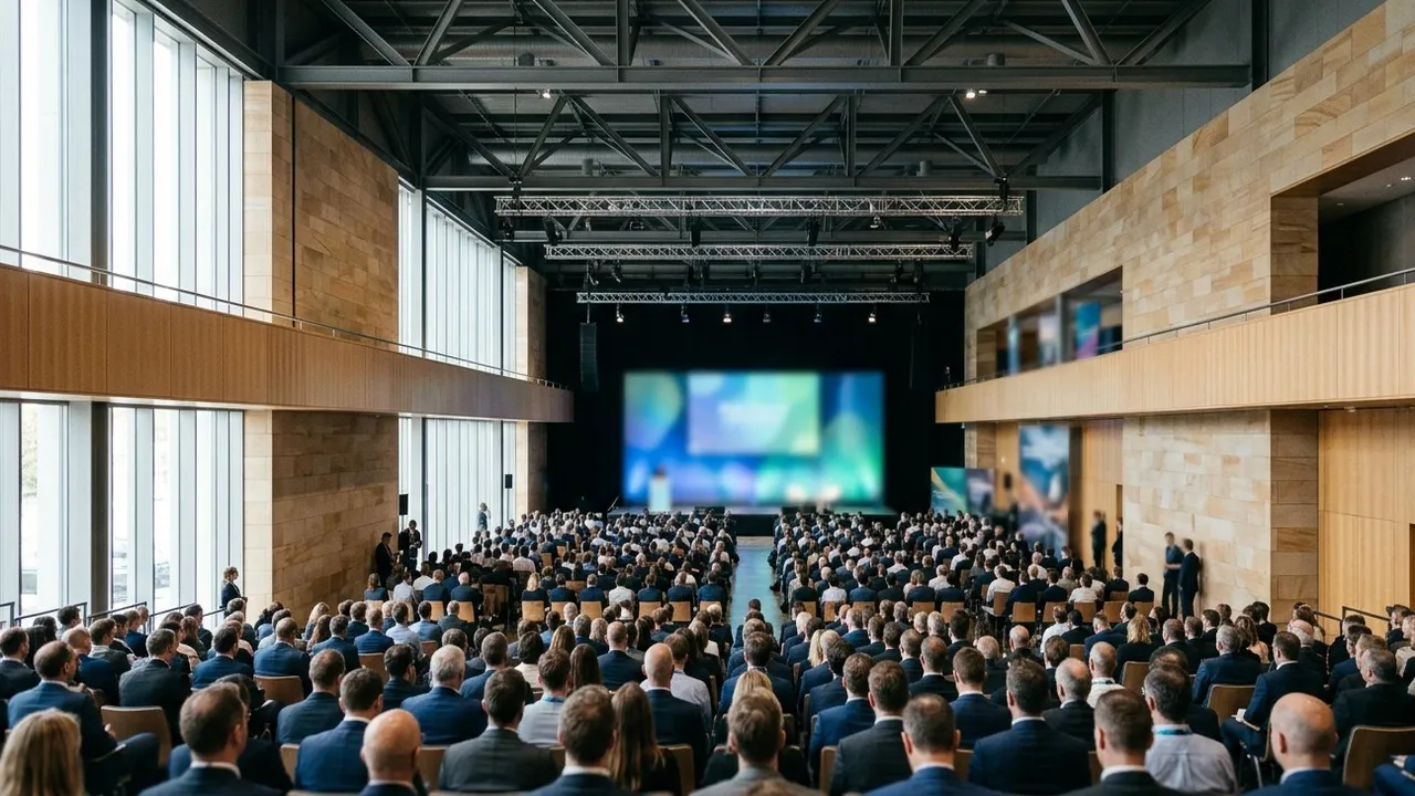 Wide view from the back of a full convention plenary: an audience faces a distant keynote stage in a bright hall with sandstone walls and tall daylight windows.