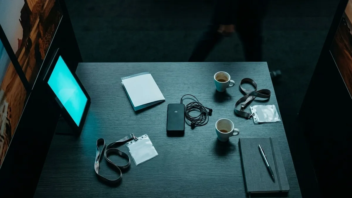 Meeting-Tisch von oben zwischen zwei Slots: gedruckte Terminkarte, Dolmetsch-Empfänger mit Earbuds, Espressotassen und Lanyards in kühlem Abendlicht.