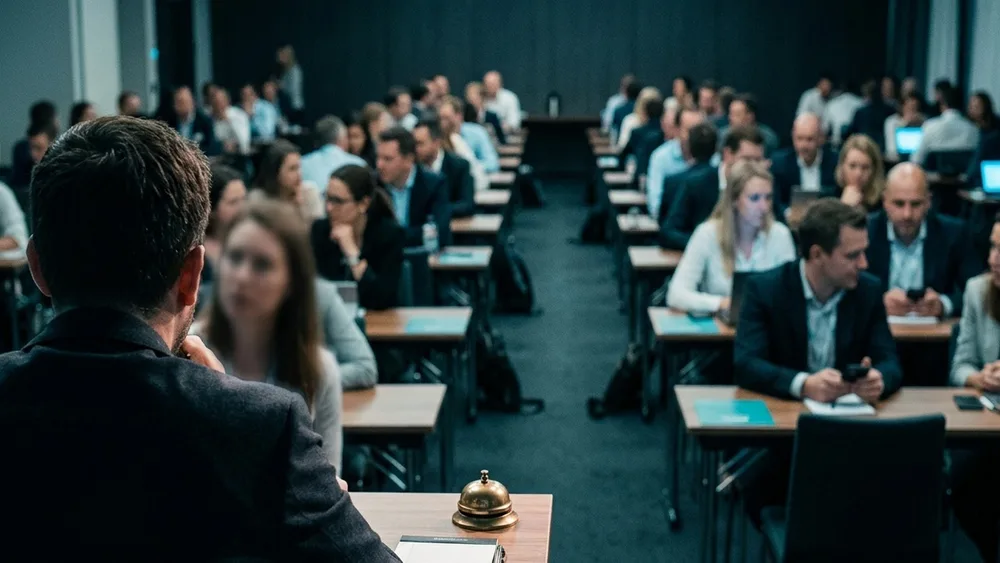 Speed-Networking-Runde mit Zweiertisch-Reihen und Rotationsglocke im Vordergrund
