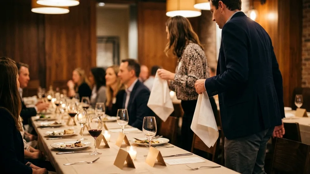 Gäste wechseln beim abendlichen Networking-Dinner zwischen den Gängen die Plätze, Platzkarten auf dem Tisch