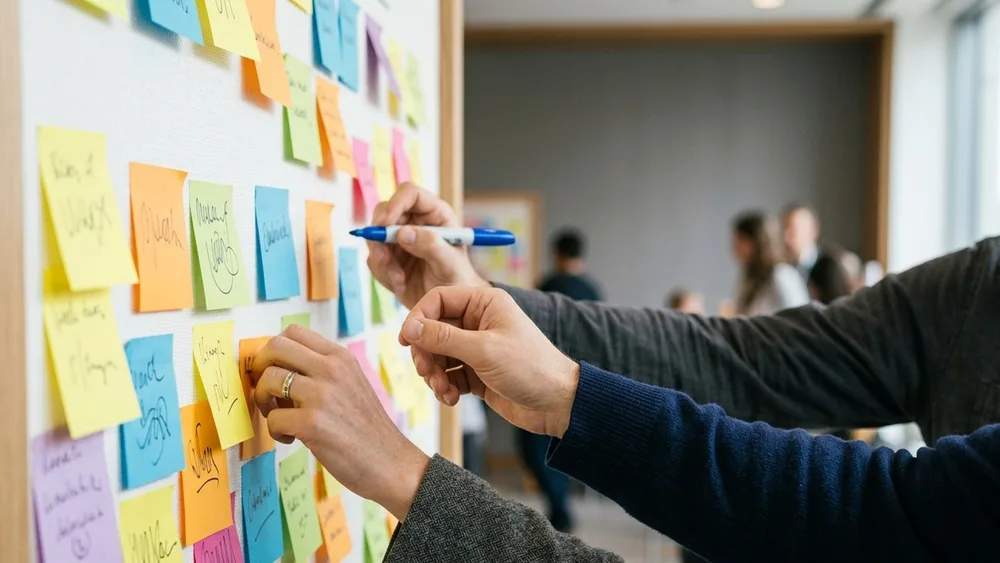 Hände heften bunte Notizzettel an eine Themenwand während einer stillen Networking-Stunde