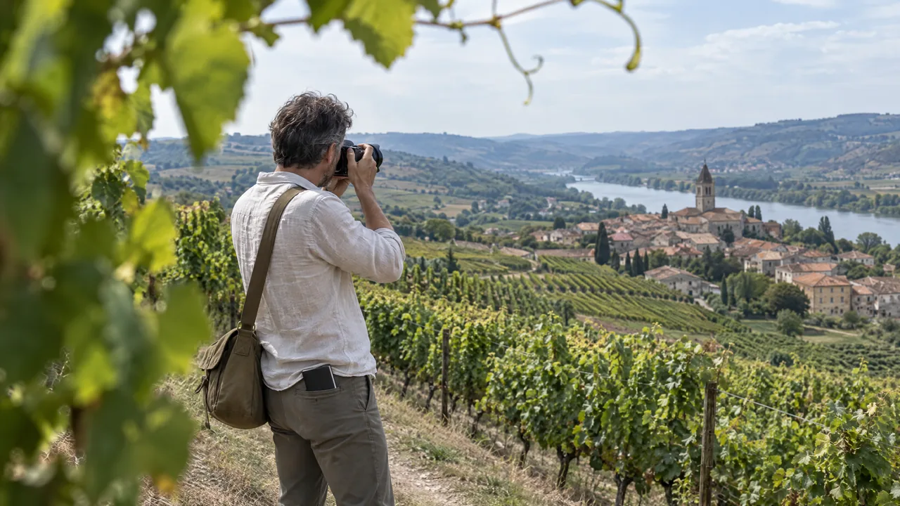 Durch unscharfes Weinlaub gesehen: Ein Reisejournalist fotografiert auf einer Pressereise die Weinberge, ein Dorf mit Kirchturm und den Fluss im Tal