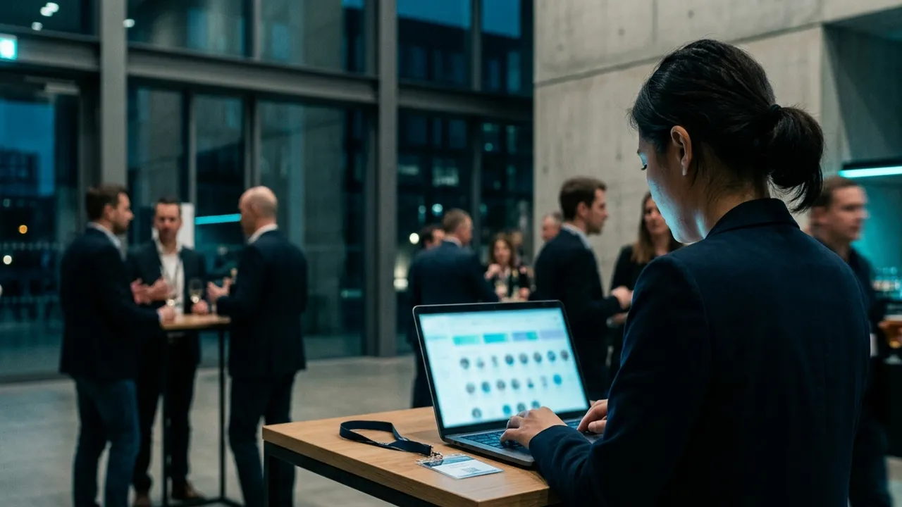 Over-the-shoulder view of an event organiser at a standing table reviewing a blurred applicant grid on a laptop, while groups of attendees network in a dim, blue-lit conference foyer behind her.