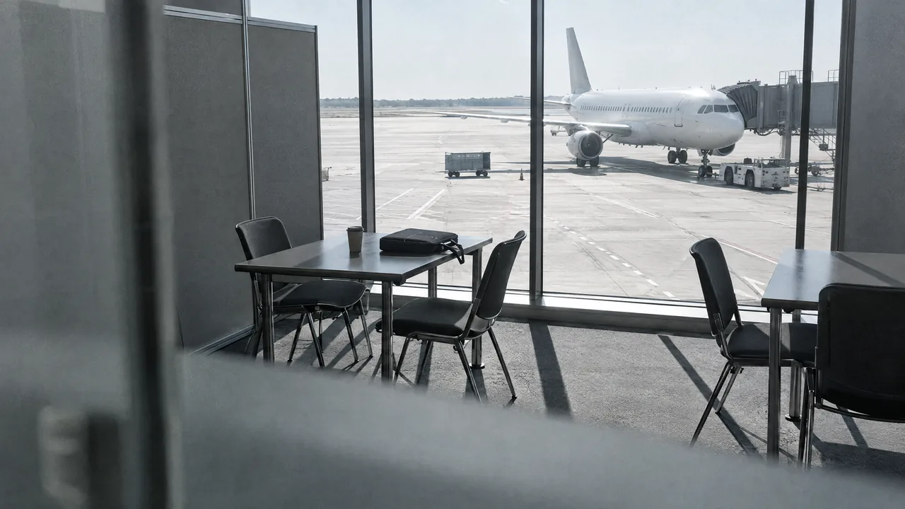 View through a frosted glass meeting booth onto empty two-person tables and a passenger jet parked at the gate, in desaturated midday light