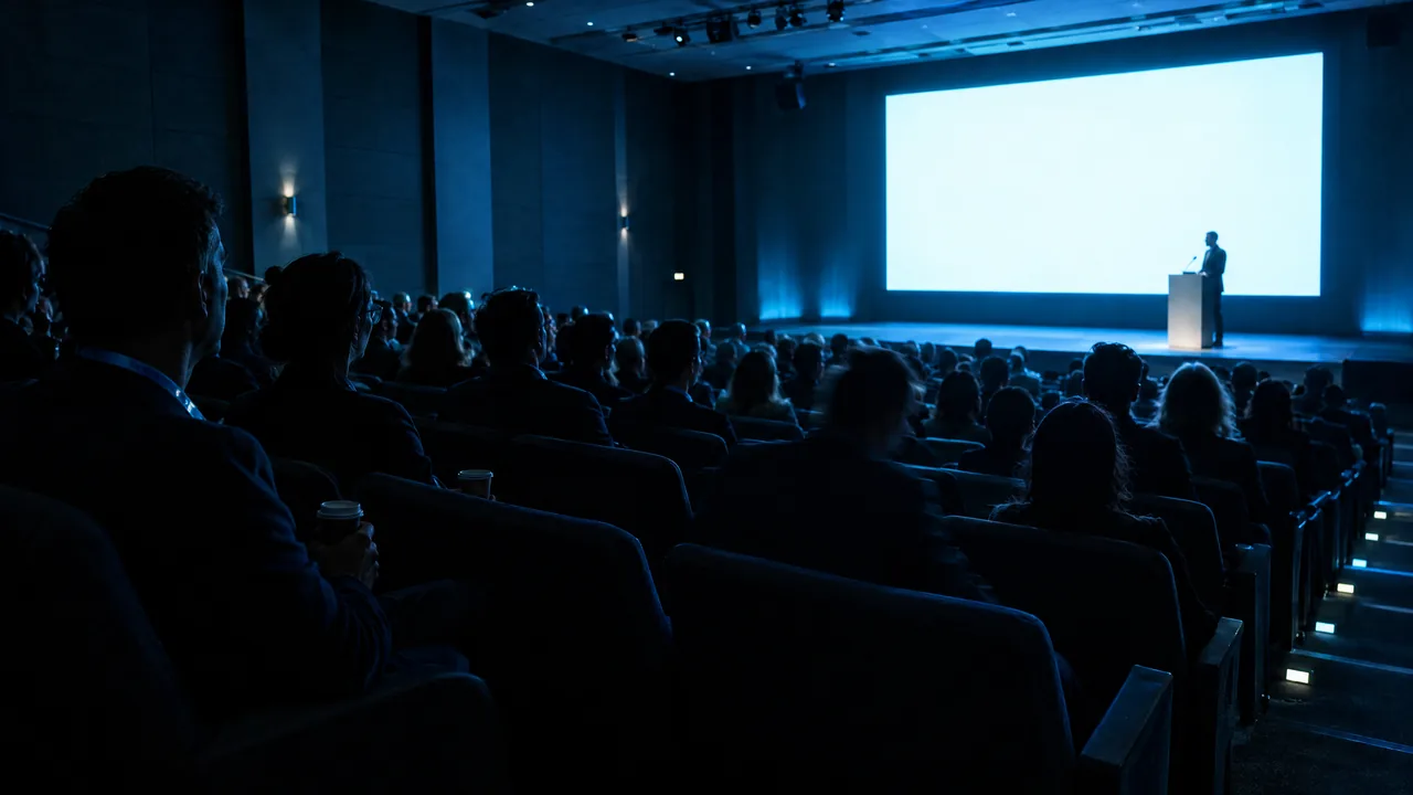 Audience in silhouette in a dark tiered lecture hall during a lunchtime symposium, a speaker at a lectern in front of a bright empty projection screen in cool blue light