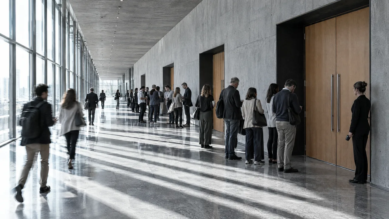 Desaturated wide view of a long congress centre corridor where attendees queue in front of tall wooden workshop doors, a door host waiting beside the nearest door, hard sunlight striping the floor
