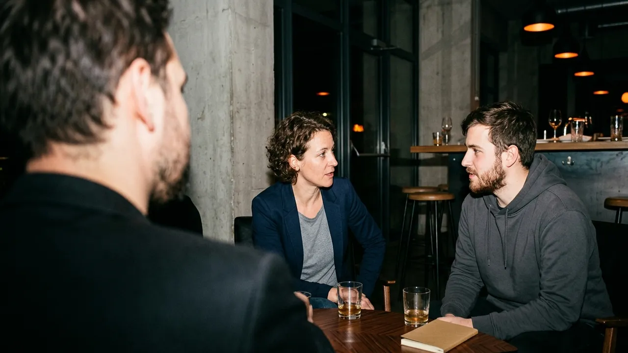 Später Abend in einer Bar mit Betonwänden nach einer Startup-Konferenz: über die Schulter eines Mannes mit Bart im Vordergrund sprechen eine Frau im dunkelblauen Blazer und ein jüngerer Mann im grauen Kapuzenpullover an einem kleinen Holztisch mit zwei Gläsern und einem Notizbuch, im dunklen Hintergrund leuchten orange Hängelampen.