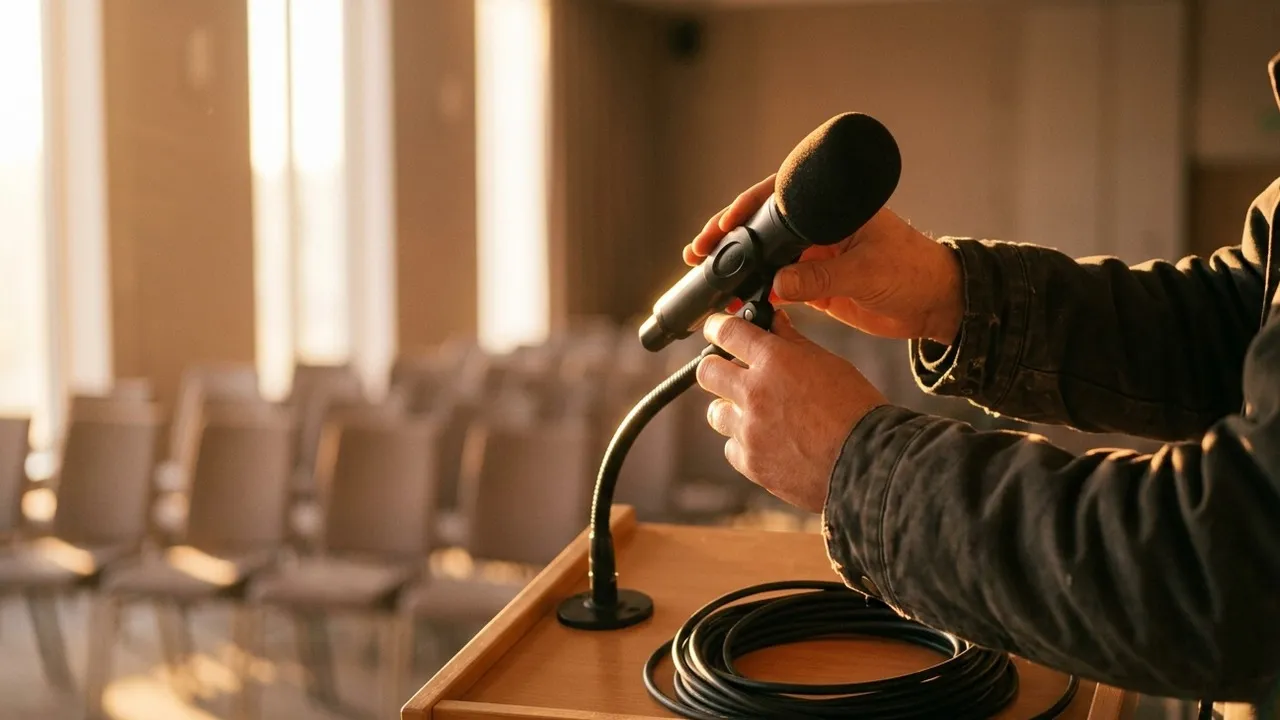 Close-up of hands adjusting a microphone at an empty conference stage in warm morning light