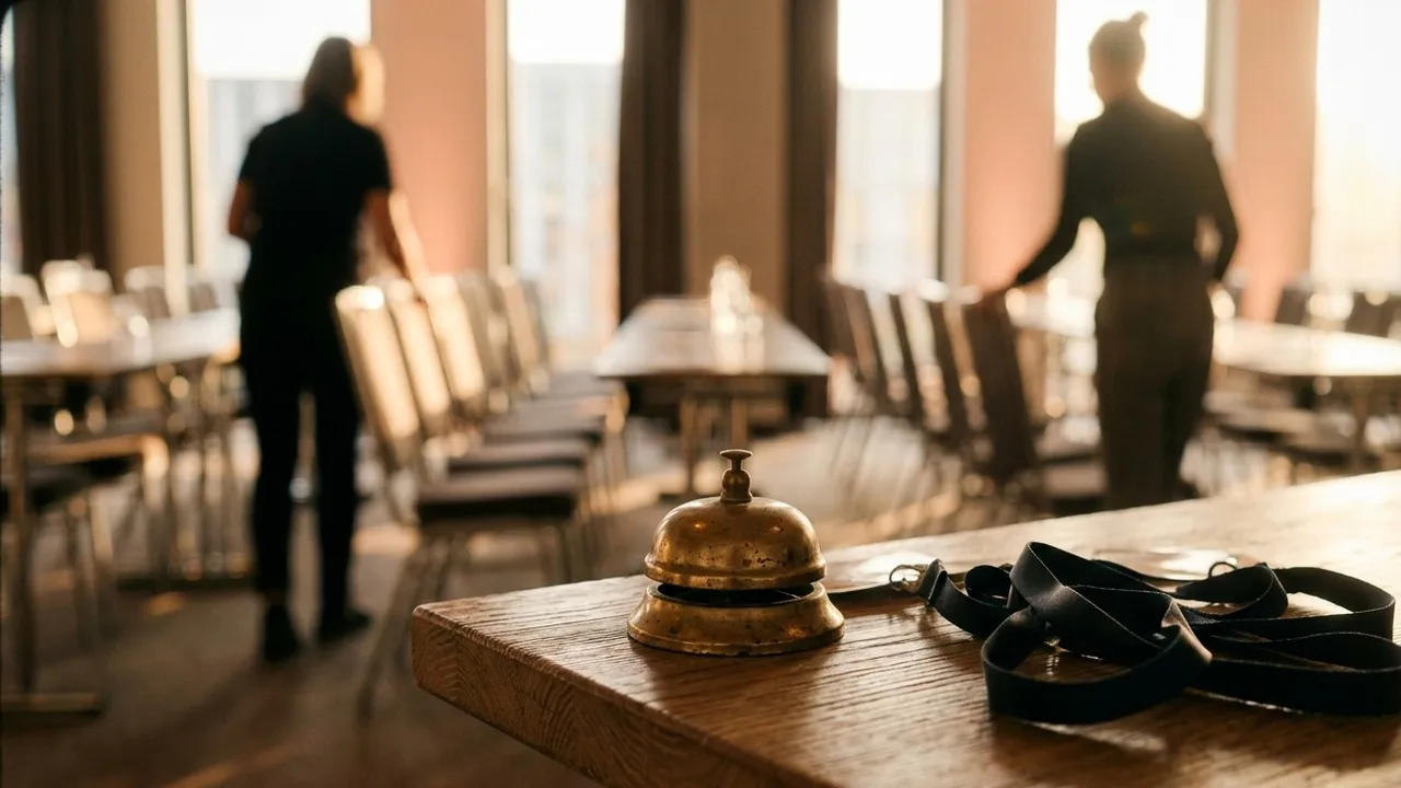 Brass call bell and lanyards on a wooden table in warm morning light, staff straightening rows of paired chairs in the blurred background before a speed networking session