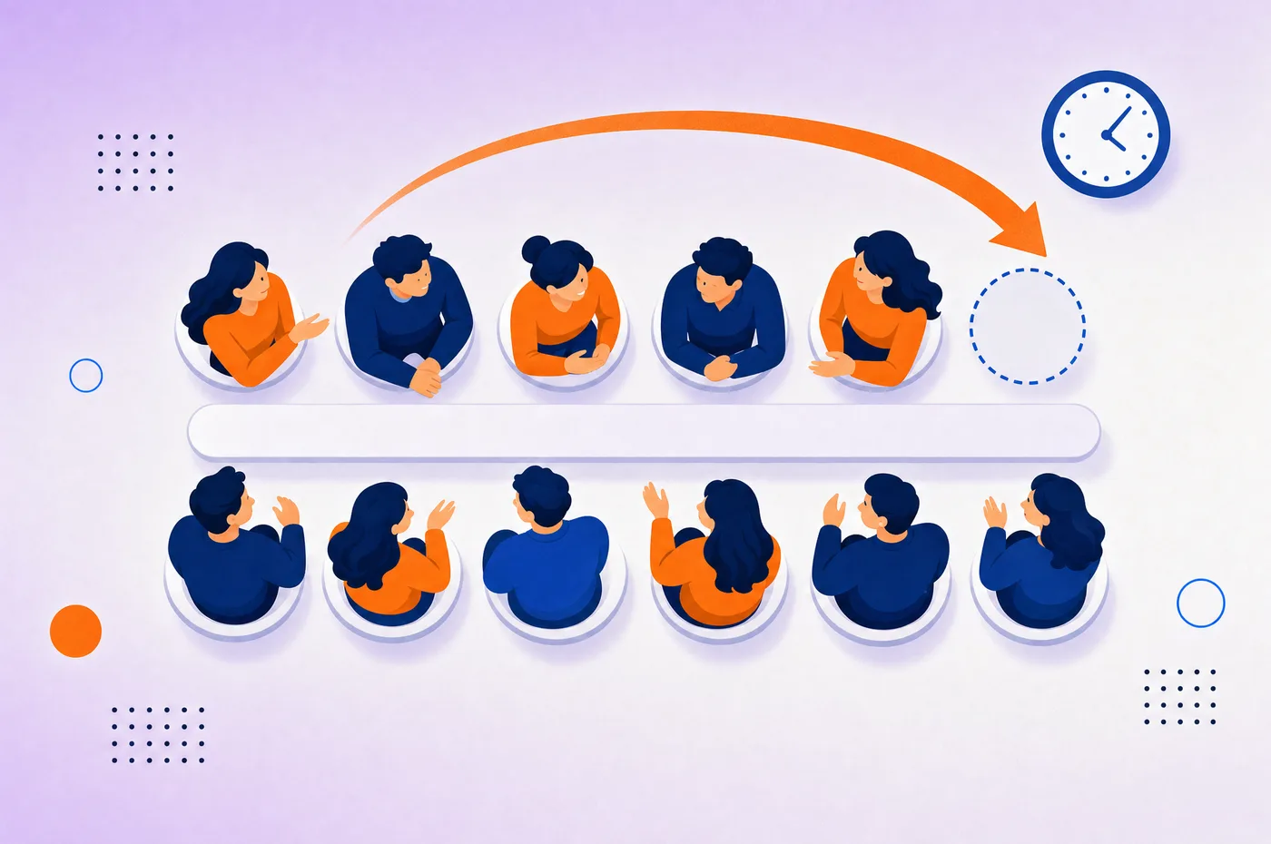 Speed networking rotation from above: two facing rows of seated participants, an arrow showing one row rotating by a single seat against the clock, with one empty seat at the end of the row