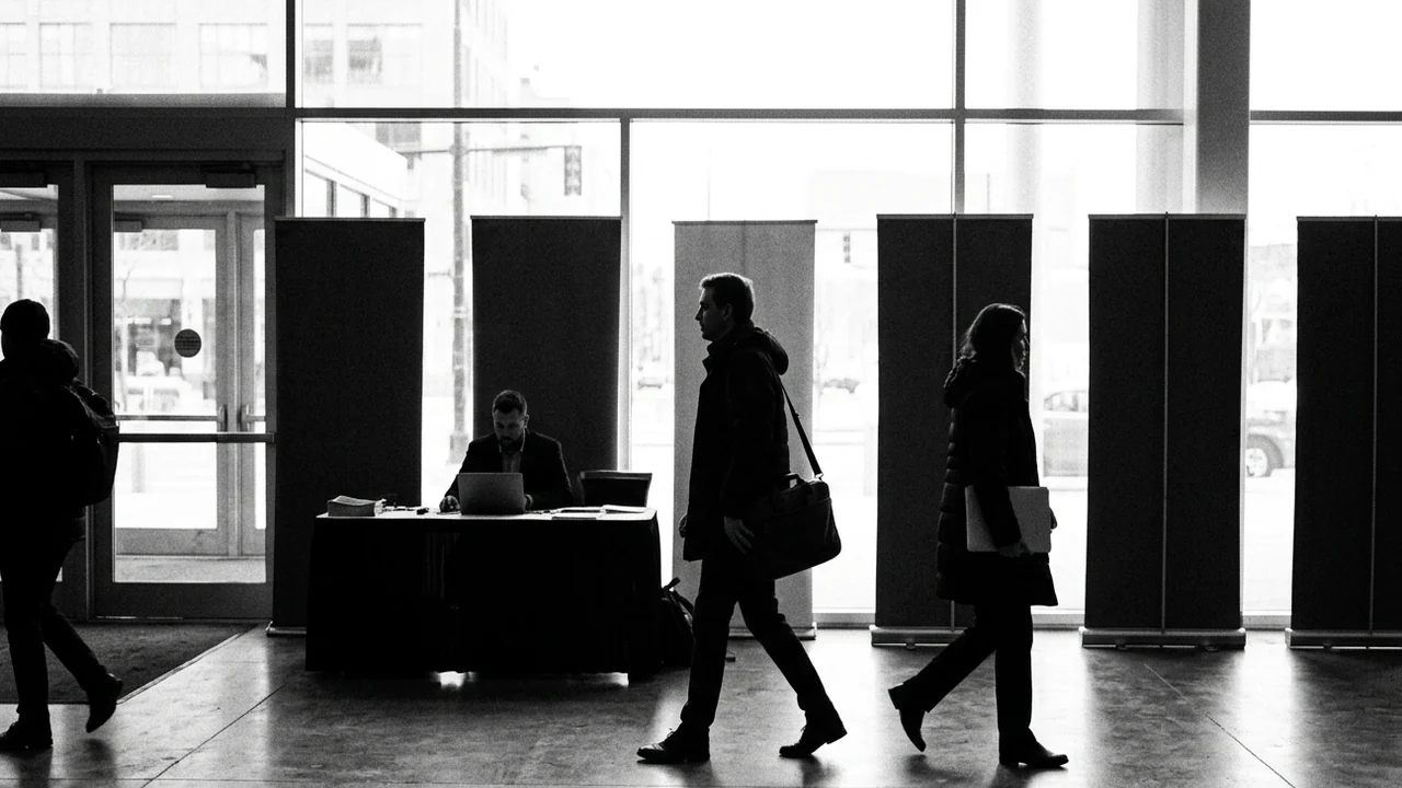 Delegates at an association annual conference talking in small groups during a coffee break, a partner counter with branded cups in the background, daylight from tall windows