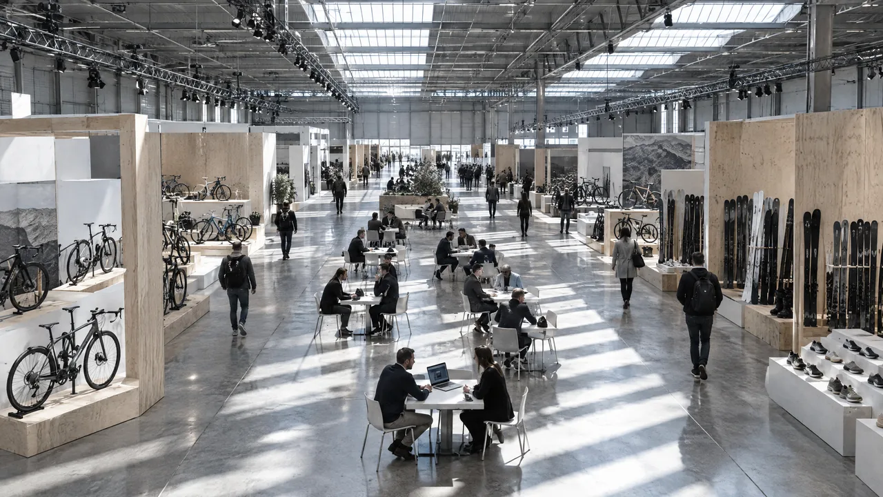 Wide view of a sporting goods trade fair hall with bikes, skis and running shoes on display and small meeting tables in use between the stands