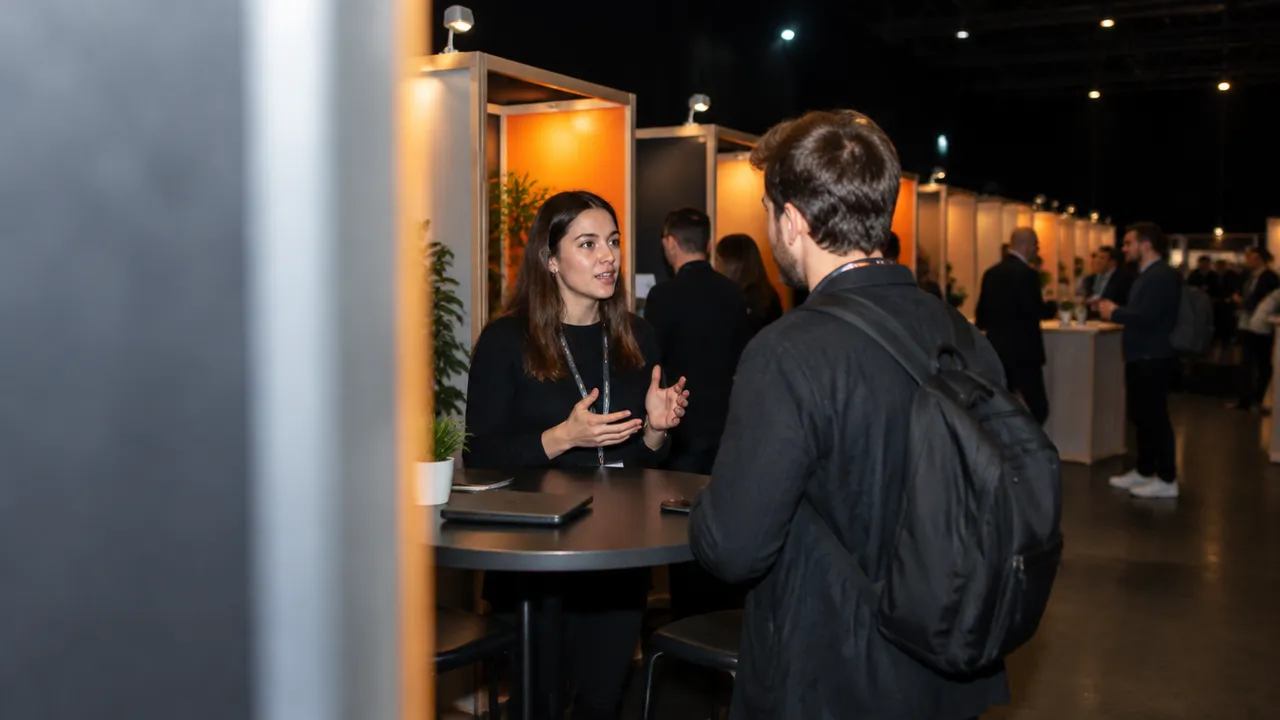 Seen past the blurred edge of a stand wall, a row of small startup booths in a dark exhibition hall: a young founder talks with a visitor at a high table, lit by direct flash, with an orange glow in the background