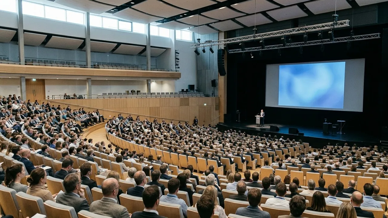 Weitwinkelaufnahme eines großen Kongresssaals mit hellen Holzsitzen in geschwungenen Reihen, voll besetztem Publikum und einem Redner am Pult auf einer dunklen Bühne vor einer großen Leinwand mit blauem Farbverlauf, darüber Tageslicht aus hohen Fenstern und eine Holzempore
