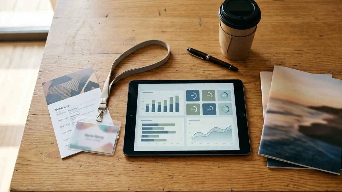 Tablet showing an analytics dashboard next to a conference lanyard, a printed schedule card and a destination brochure on a wooden table.