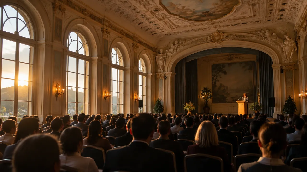 Publikum eines regionalen Tourismustags von hinten als Silhouetten in einem historischen Kursaal, vorne eine Bühne mit Rednerin, Abendsonne fällt durch hohe Fenster