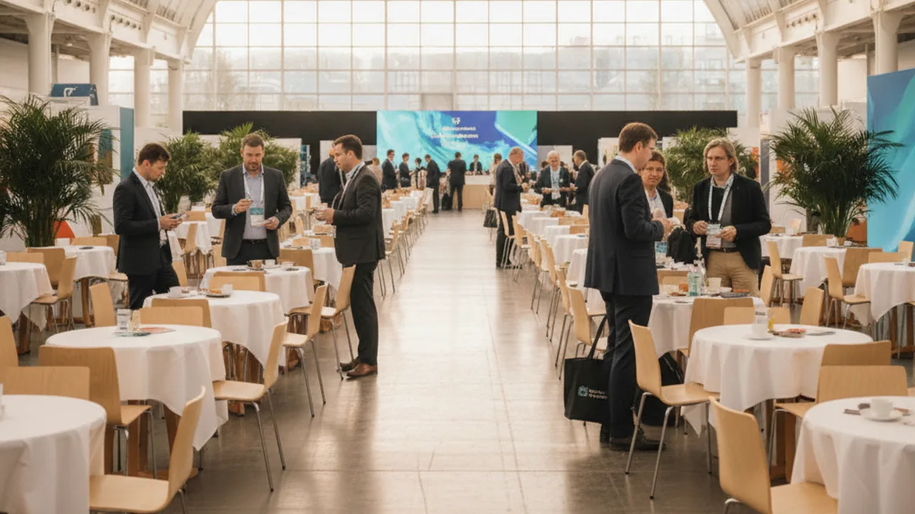 Wide view of a tourism trade show hall during a coffee break, rows of two-seat meeting tables in the hosted buyer lounge