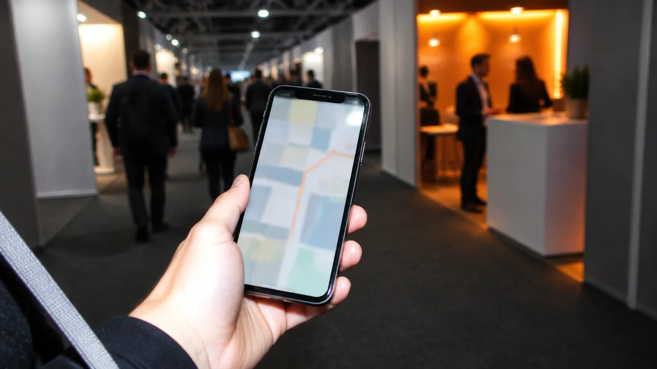 A hand holding a smartphone with a blurred colour-block hall map and route line in a busy trade show aisle, warm stand lighting in the background
