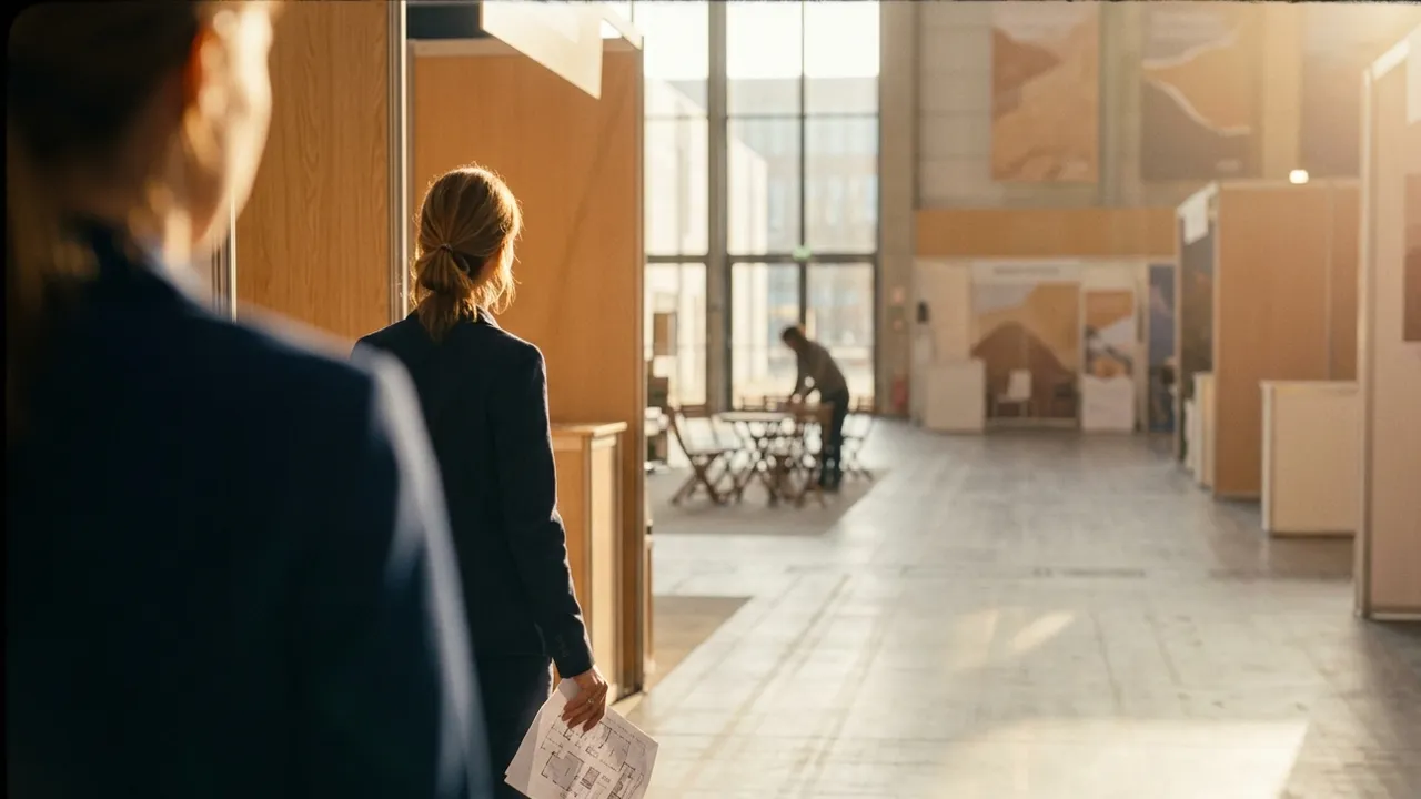 Organiser seen from behind walking down an empty trade fair aisle in warm morning light, floor plan in hand, with a meeting zone of bistro tables being prepared in the background