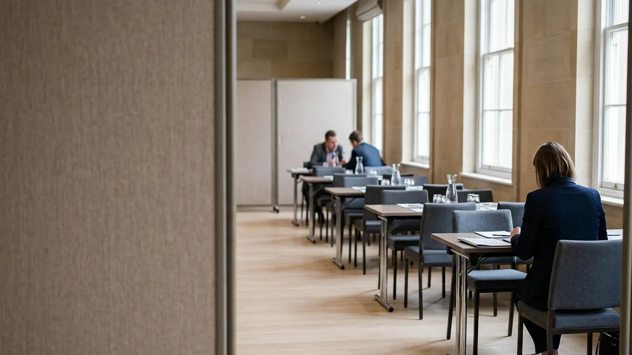 Eine Reihe kleiner Zweiertische in einem hellen Hotelsaal, aufgenommen an der unscharfen Kante einer Stellwand vorbei, vorne eine Anbieterin allein an ihrem Tisch gegenüber einem leeren Stuhl, weiter hinten ein einzelner besetzter Tisch